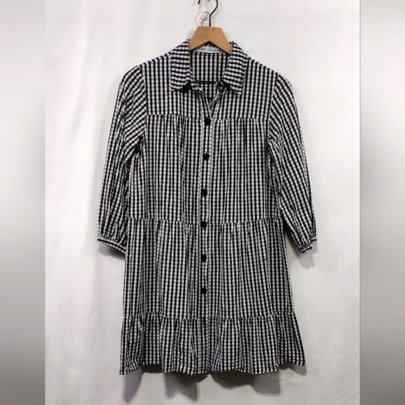 Zara Dresses & Skirts - Zara Gingham Tiered Babydoll Dress Women's M Black White Boho Retro 90s Y2K
